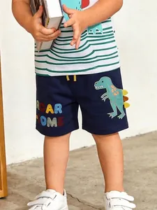 Boys Soft Cotton Dinosaur Embroidered Casual Shorts Elastic Waist Drawstring Summer Kids Fashion Navy Blue Bottoms