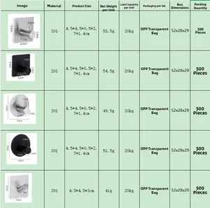 Size and weight chart for heavy duty stainless steel adhesive wall hooks.