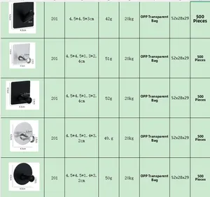 Specification chart for stainless steel adhesive wall hooks showing various sizes