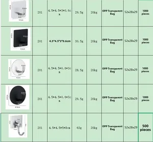 Detailed specification table for various stainless steel adhesive wall hooks and sizes