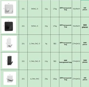 Detailed specification chart for various stainless steel adhesive wall hooks in different sizes.