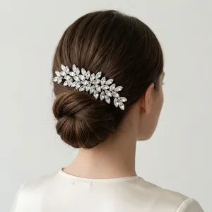 Vintage Silver Rhinestone Bridal Hair Comb Elegant Leaf Design Alloy Crystal Headpiece For Wedding Banquet Party Women Girls Jewelry