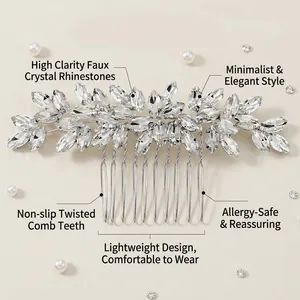 Elegant vintage bridal hair comb with silver leaf pattern rhinestones for wedding styling