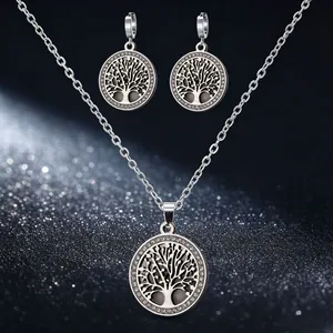 Bijoux Arbre De Vie Bohème Collier Et Boucles D'oreilles Acier Inoxydable Argenté Strass Pendentif Rond Boucles D'oreilles Femme