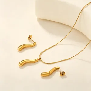 Stainless Steel Water Drop Pendant Necklace And Earrings Gold Plated Polished Minimalist Organic Curve For Women