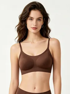 Close-up of seamless bra in dark coffee color with smooth fabric and U-neckline detail