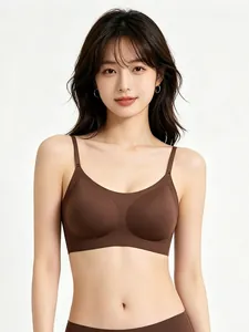 Detail of dark coffee seamless wireless bra with thin straps and smooth texture