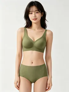 Ensemble soutien-gorge et culotte haute vert olive sans couture avec maintien souple
