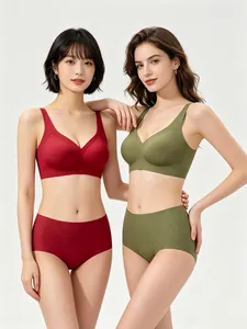 Ensemble soutien-gorge sans coutures col V et culotte en bordeaux et vert olive