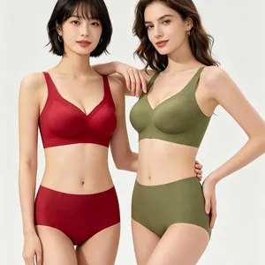Soutien-gorge et Culotte sans Couture sans Armature Haut et Bas pour Femmes Col en V Bande de Gelée Lingerie Confortable