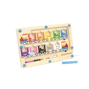 Wooden magnetic color and number maze toy with sorting train design and stylus for kids