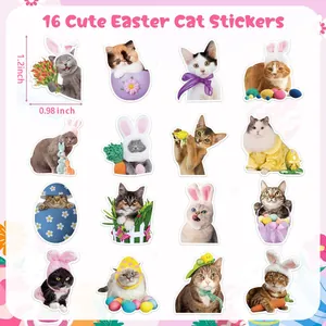 Set of 16 cute Easter cat stickers featuring bunny ears and colorful eggs for party crafts