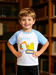 Cotton Boys Short Sleeve T-Shirt Cartoon Excavator Rainbow Print Raglan Contrast Color Casual Summer Kids Top