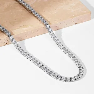 Close-up of 925 sterling silver tennis necklace with 4mm round-cut sparkling cubic zirconia