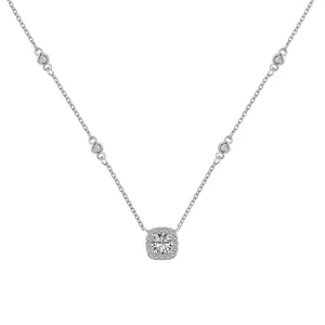 Elegant S925 silver necklace with square halo pendant and white cubic zirconia stones