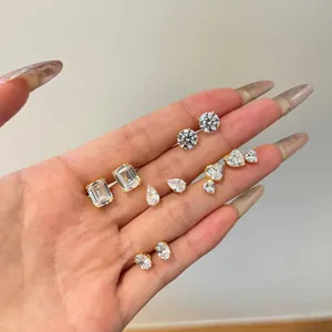 Set of five gold S925 silver stud earrings with pear, heart, and oval cut zircons