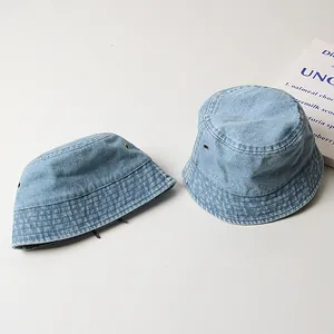 Chapeau Bob en Pur Coton Denim Lavé Style Japonais Pour Enfants Garçons Bleu Clair Pare-Soleil Mode Extérieur