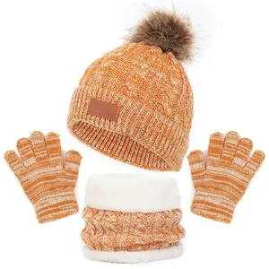 Winter 3-piece set for kids with knit hat, pompom, warm fleece scarf and gloves