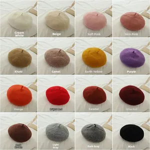 Detailed color chart of girls wool berets featuring 16 diverse shades for autumn and winter
