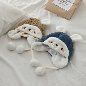 Winter baby earflap hats with cute bear ears and fleece lining in brown and navy blue