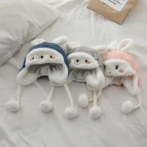 Winter infant earflap hat with cute rabbit ears and warm fleece lining in three colors