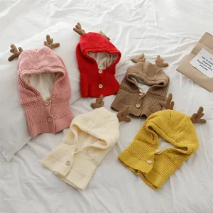 Bonnet écharpe en tricot pour enfants avec bois de cerf et doublure polaire chaude