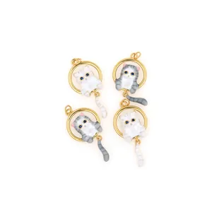 Ciondolo gatto 3D in oro 18K con smalto colorato e coda mobile per creazione gioielli DIY