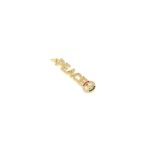 Macro detail of PEACE letter pendant with 18K gold plating and pavé zircon stones
