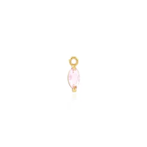 Macro detail of 18K gold plated teardrop pendant with marquise cut pink gemstone