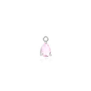 Macro view of a teardrop-shaped pink gemstone pendant with silver triple-prong setting