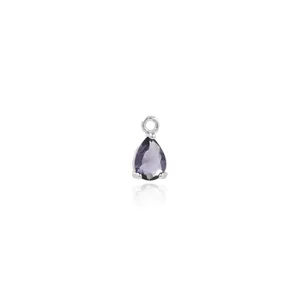 Close-up of a teardrop-shaped purple gemstone pendant with silver-plated claw setting