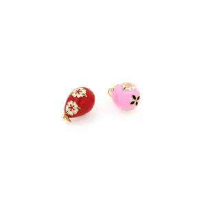 18K gold-plated egg-shaped pendant with enamel flower and zircon in red and pink