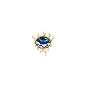 Detailed view of 18K gold plated evil eye pendant with blue enamel and sparkling cubic zirconia