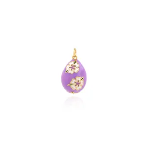 Close-up of 18K gold plated vase drop pendant with purple enamel and zircon flowers