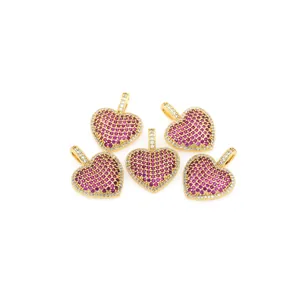 Five 18K gold plated heart pendants with red zircon inlay and sparkling white accents