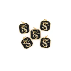 18K gold-plated octagonal dragon pendants with black enamel and micro-set zircon crystals