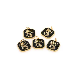 18K gold-plated hexagonal dragon pendants with black enamel and micro-pave zircons