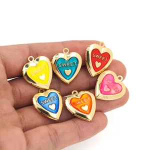 Detailed view of colorful 18K gold plated heart locket pendants with SWEET engraving