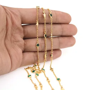 18K gold plated chain necklace with green zircon stones and tiny star charms