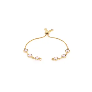 18K gold plated friendship bracelet featuring five round pink gemstones and adjustable slide
