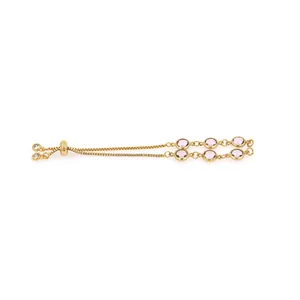 Detail of 18K gold-plated bolo bracelet with six pink round gemstones and adjustable clasp