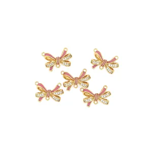 5pcs 18K gold-plated bow pendants with pink enamel and zircons for DIY jewelry making