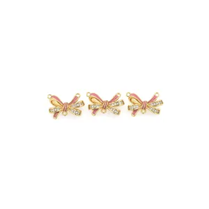 18K gold plated bow pendant with pink enamel and sparkling zircon stones for DIY jewelry