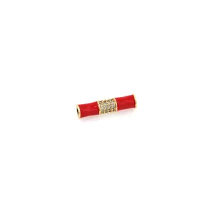 Distanziatore a forma di bambù placcato oro 18K con smalto rosso e zirconi pavé