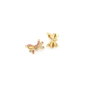 Gold 18K plated bow pendant with pink enamel and sparkling zircon for DIY jewelry