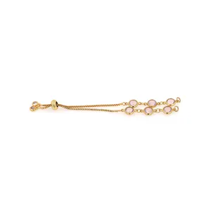 Detail of 18K gold plated box chain bracelet with six pink round crystals and slider clasp
