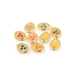 Set of 9 18K gold-plated oval locket pendants with colorful enamel heart relief