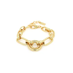 18K Gold Plated Copper Chunky Link Bracelet For Women Trendy Geometric Interlocking Chain Jewelry With Good Luck Tag