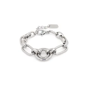 Polished silver-tone link chain bracelet with double geometric rings and adjustable clasp