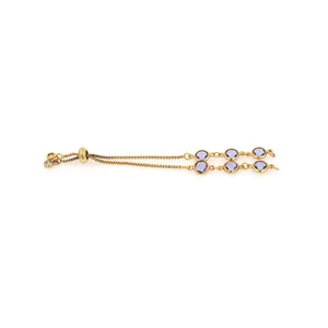 Detail of adjustable 18K gold-plated pull-chain earrings with inlaid purple zircons